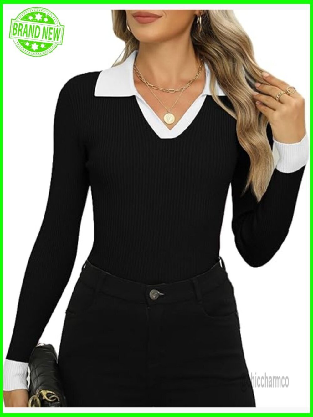 Long Sleeve V-Neck Ribbed Knit Slim Fitted Sweater Top S-XXL
